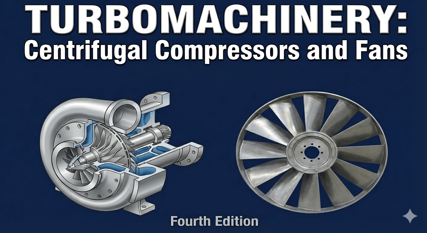 Book cover for "Turbomachinery: Centrifugal Compressors and Fans" Fourth Edition, featuring a detailed cutaway illustration of a centrifugal compressor and a silver fan blade against a dark blue background.