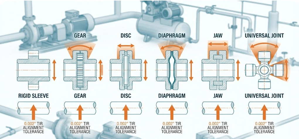 Coupling Types & Misalignment prevention - rigid, flexible, gear, disc couplings, shaft alignment tolerances