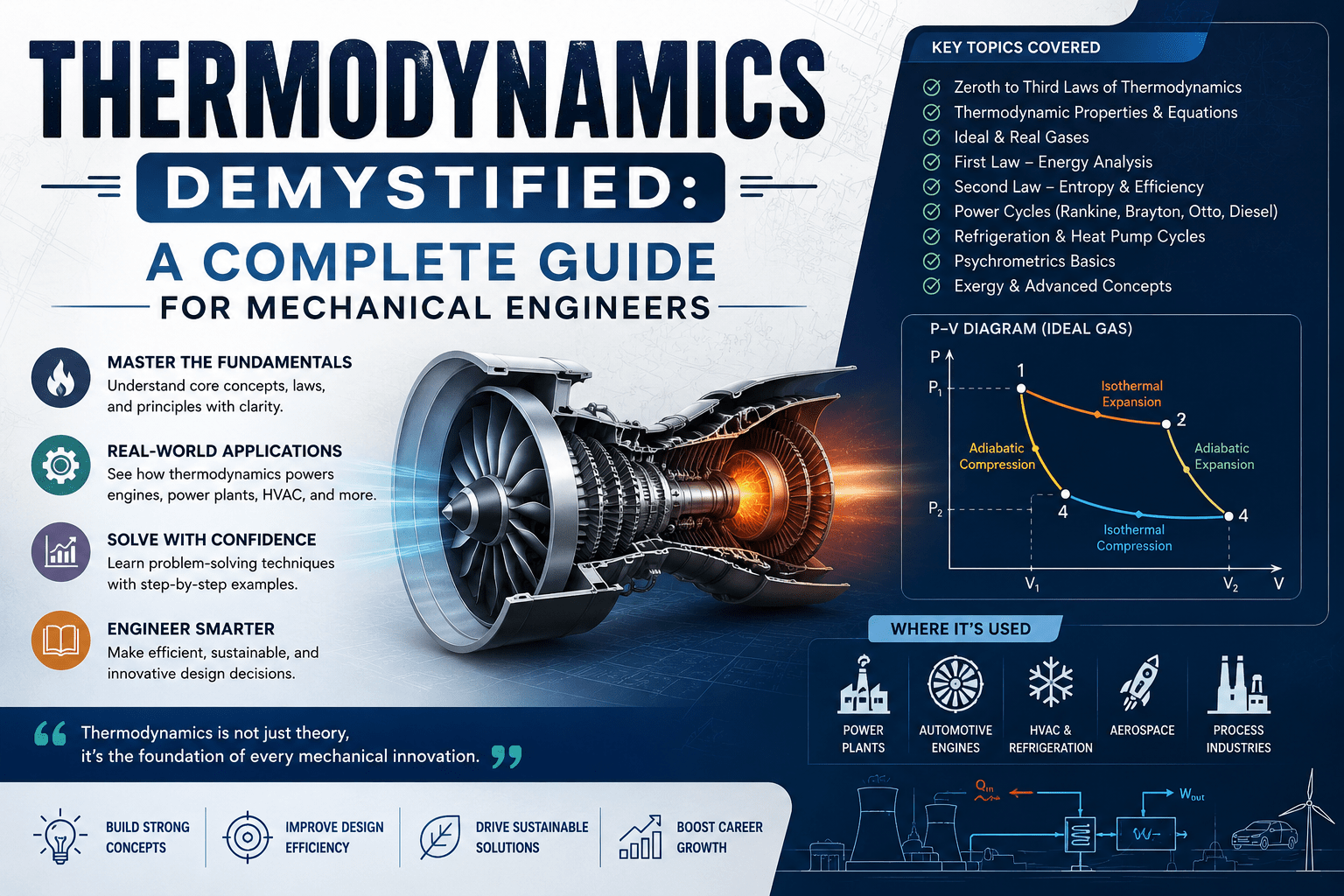 Master thermodynamics laws, heat transfer & energy systems. Complete guide for mechanical engineers. Start your journey today.