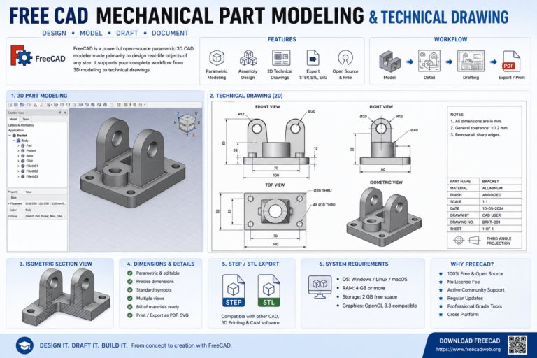 Free CAD mechanical part modeling technical drawing